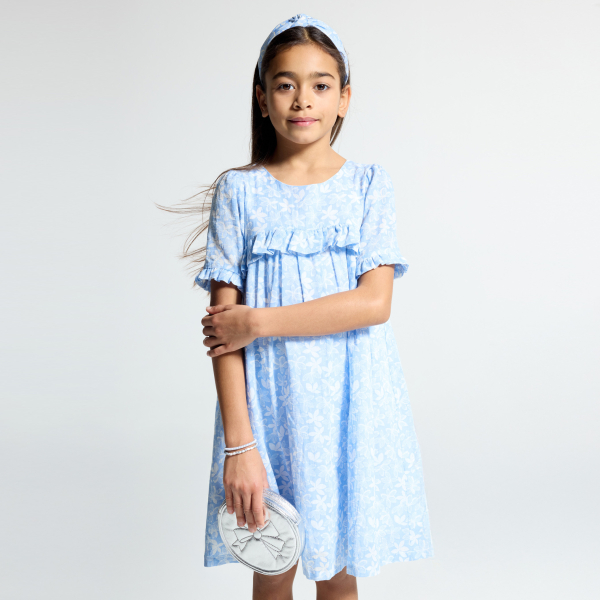 فستان أزرق بكشكشة مطبوع عليه للفتيات 